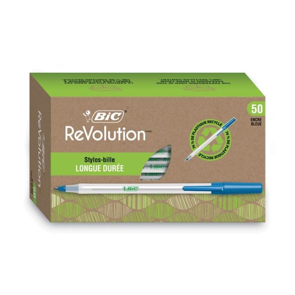 Bic Ecolutions Round Stic Ballpoint Pen Value Pack, Stick, Medium 1 Mm, Blue Ink, Clear Barrel, 50/Pack