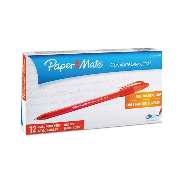 Paper Mate Comfortmate Ultra Ballpoint Pen, Stick, Medium 1 Mm, Red Ink, Red Barrel, Dozen