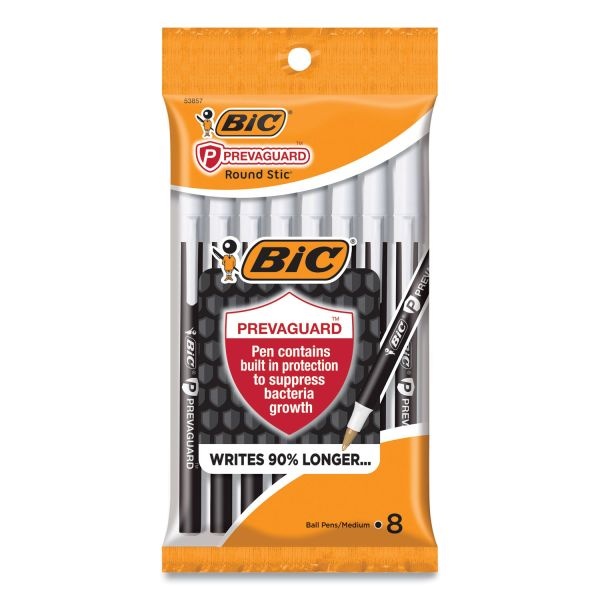Bic Prevaguard Round Stic Pen, Stick, Medium 1 Mm, Black Ink, Black Barrel, 8/Pack