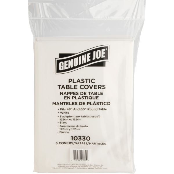 Genuine Joe Plastic Round Table Covers, 48"-60" Diameter, White, Pack Of 6