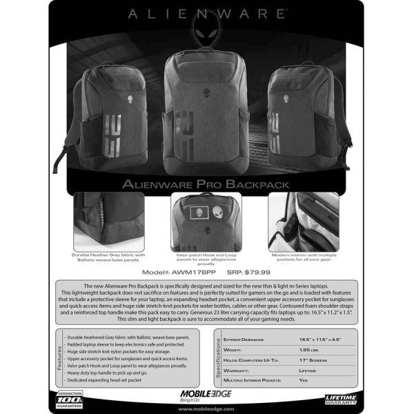 Mobile Edge Alienware Carrying Case (Backpack) For 17.1" Alienware Notebook - Gray