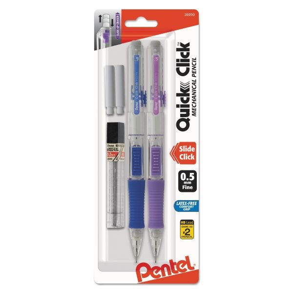 Pentel Quick Click Mechanical Pencils With Tube Of Lead/Erasers, 0.5 Mm, Hb (#2), Black Lead, Assorted Barrel Colors, 2/Pack