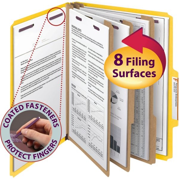 Smead Eight-Section Pressboard Top Tab Classification Folders, Eight Safeshield Fasteners, 3 Dividers, Letter Size, Yellow, 10/Box