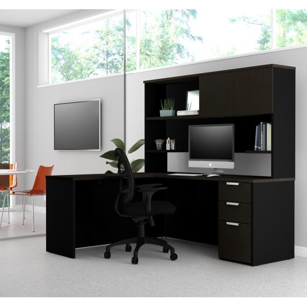 Bestar Pro-Concept Plus L-Desk With Hutch In Deep Grey & Black