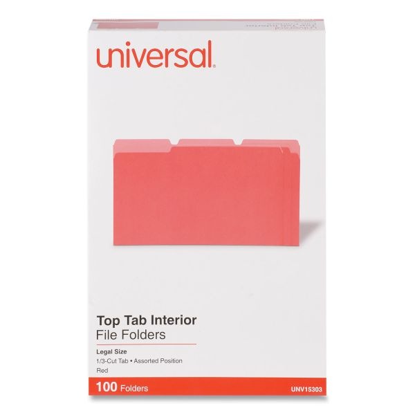 Universal Interior File Folders, 1/3-Cut Tabs: Assorted, Legal Size, 11-Pt Stock, Red, 100/Box