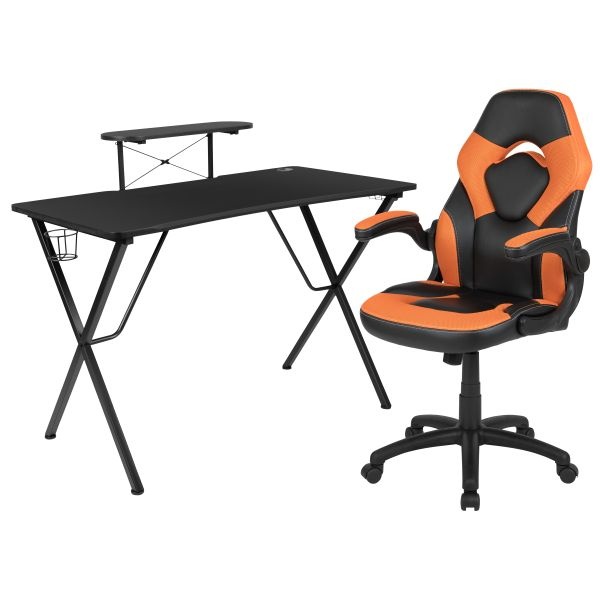 Optis Black Gaming Desk And Orange/Black Racing Chair Set With Cup Holder, Headphone Hook, And Monitor/Smartphone Stand