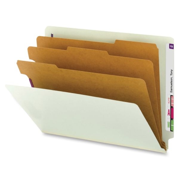 Smead End-Tab 3-Divider Classification Folders, 8 1/2" X 11", 3 Divider, 3 Partition, 60% Recycled, Gray/Green, Pack Of 10