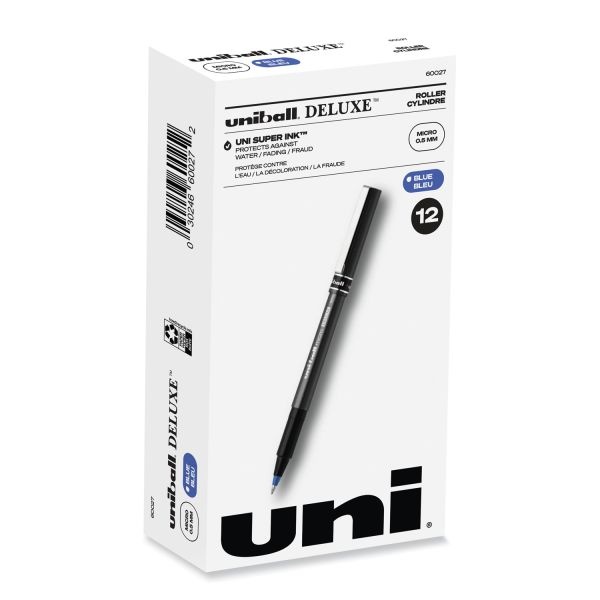 Uniball Deluxe Roller Ball Pen, Stick, Extra-Fine 0.5 Mm, Blue Ink, Metallic Gray/Black/Blue Barrel, Dozen