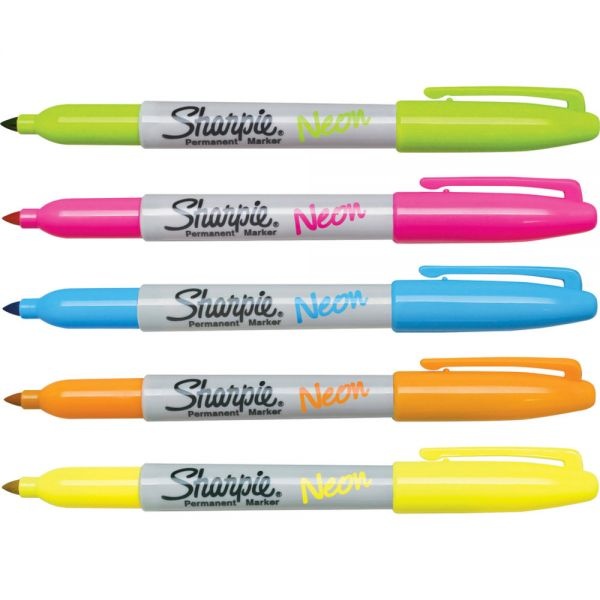 Sharpie Neon Permanent Markers, Fine Bullet Tip, Assorted Colors, 5/Pack