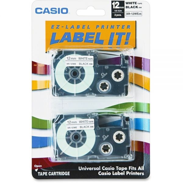 Casio Tape Cassettes For Kl Label Makers, 0.5" X 26 Ft, Black On White, 2/Pack