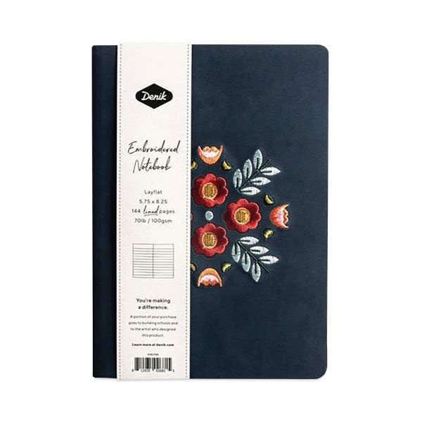 Denik Embroidered Vegan-Suede Layflat Hardbound Journal, Evelyn's Floral Bouquet, College Rule, Dark Blue Cover, 8 X 5.5, 72 Sheets