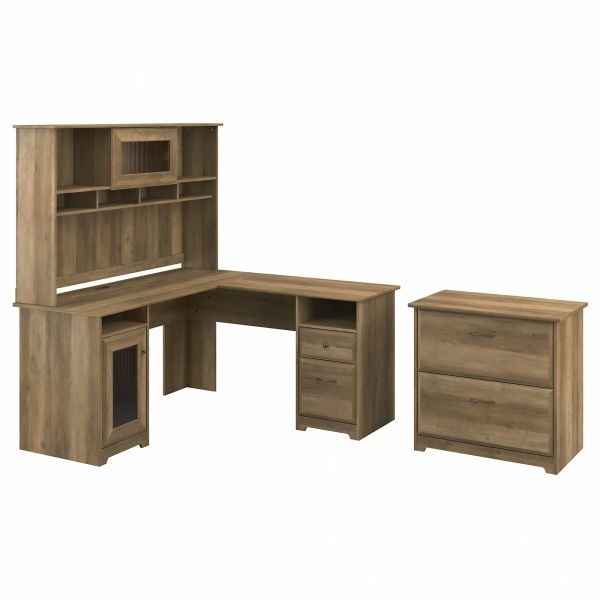 Bush Furniture Cabot 60W L Shaped Computer Desk With Hutch And Lateral File Cabinet In Reclaimed Pine