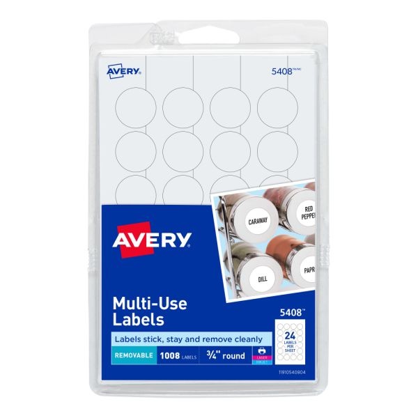 Avery Removable Multipurpose Labels, 5408, Round, 3/4" Diameter, White, Pack Of 1,008