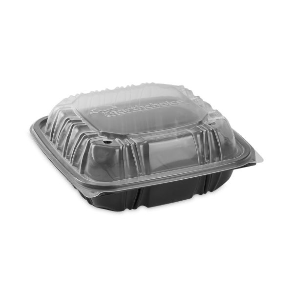 Pactiv Evergreen Earthchoice Vented Dual Color Microwavable Hinged Lid Container, 1-Compartment, 28Oz, 7.5X7.5X3, Black/Clear, Plastic, 150/Ct