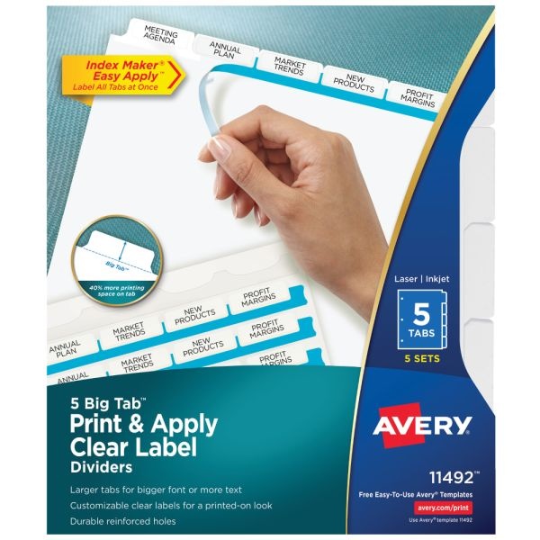 Avery Big Tab Print & Apply Clear Label Dividers With Index Maker Easy Apply Printable Label Strip, 5-Tab, White, Pack Of 5 Sets
