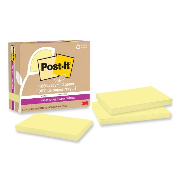 Post-It Notes Super Sticky 100% Recycled Paper Super Sticky Notes, 3" X 5", Canary Yellow, 70 Sheets/Pad, 12 Pads/Pack