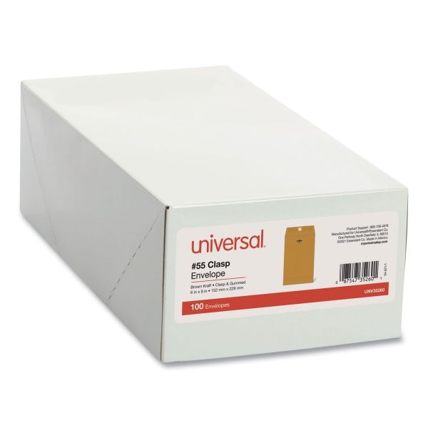 Universal Kraft Clasp Envelope, #55, Square Flap, Clasp/Gummed Closure, 6 X 9, Brown Kraft, 100/Box
