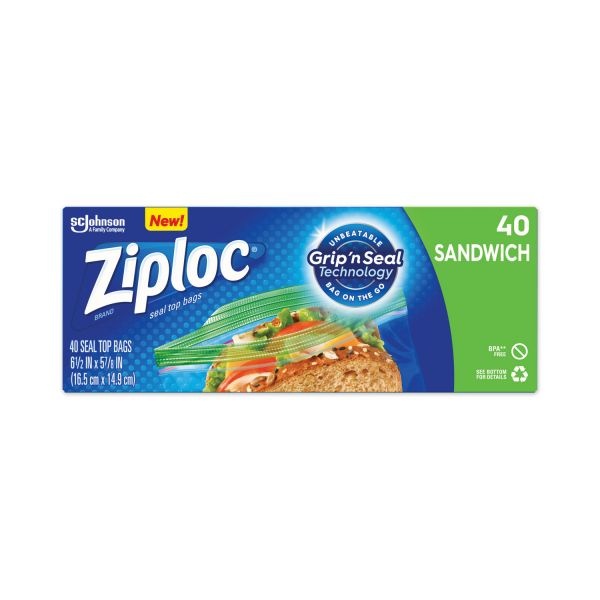 Ziploc Resealable Sandwich Bags, 1.2 Mil, 6.5" X 5.88", Clear, 40 Bags/Box, 12 Boxes/Carton
