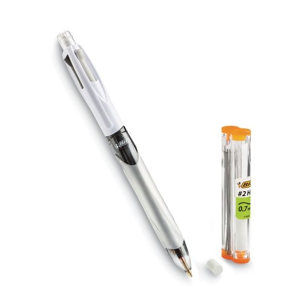 Bic 4-Color Pen/Pencil, #2Hb Pencil Lead, 0.7 Mm Medium Point, White/Gray/Black Barrel, Black/Blue/Red Ink