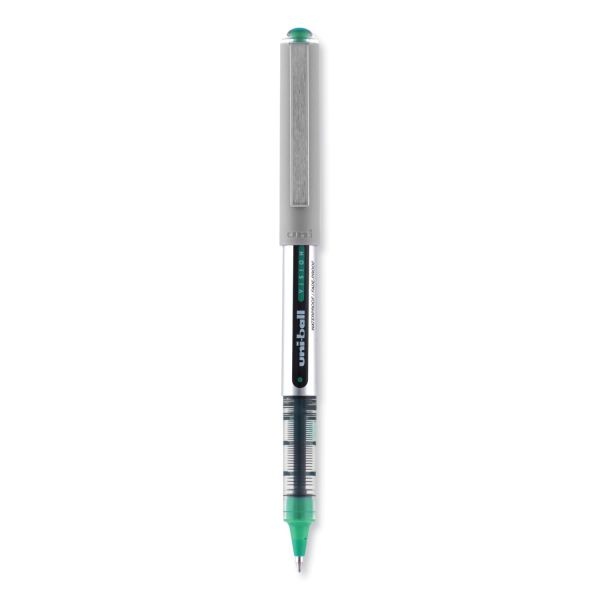 Uniball Vision Roller Ball Pen, Stick, Fine 0.7 Mm, Green Ink, Silver/Green/Clear Barrel, Dozen
