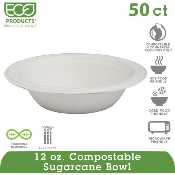 Eco-Products Vanguard Renewable And Sugarcane Bowls, 12 Oz, White, 1,000/Carton