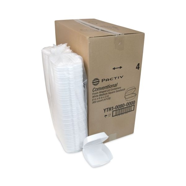 Pactiv Evergreen Foam Hinged Lid Container, Single Tab Lock, 6.38 X 6.38 X 3, White, 500/Carton