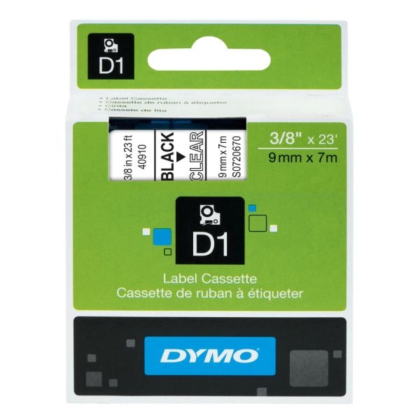 Dymo D1 40910 Black-On-Clear Tape, 0.38" X 23'