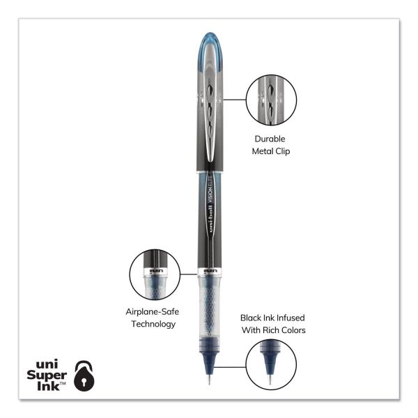 Uniball Vision Elite Blx Series Hybrid Gel Pen, Stick, Extra-Fine 0.5 Mm, Blue-Infused Black Ink, Gray/Blue/Clear Barrel