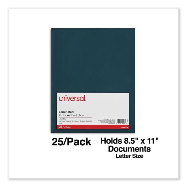 Universal Laminated Two-Pocket Folder, 100-Sheet Capacity, Navy, 25/Box
