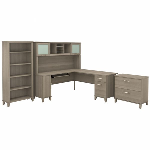Bush Furniture Somerset 72W L Shaped Desk With Hutch, Lateral File Cabinet And Bookcase In Ash Gray