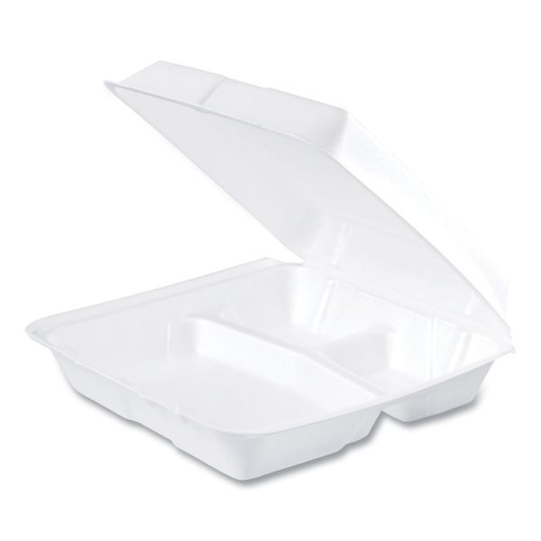 Dart Foam Hinged Lid Containers, 3-Compartment, 9.25 X 9.5 X 3, White, 200/Carton