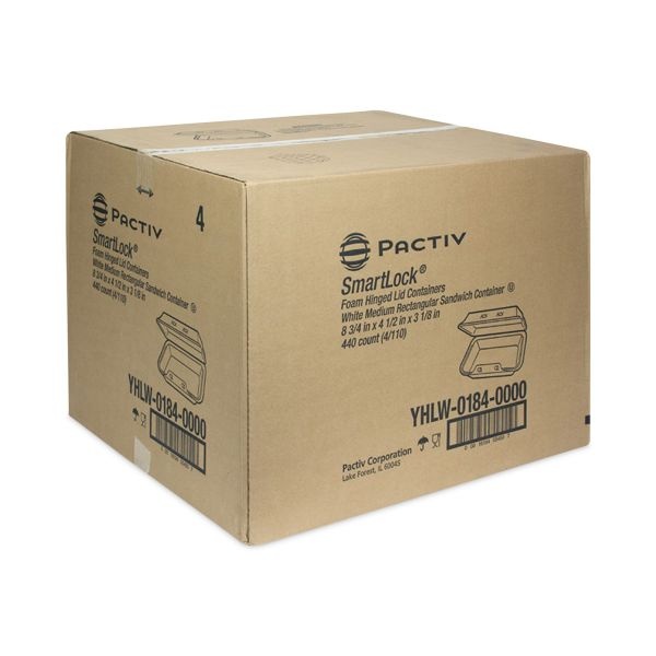 Pactiv Evergreen Smartlock Foam Hinged Lid Container, Medium, 8.75 X 4.5 X 3.13, White, 440/Carton