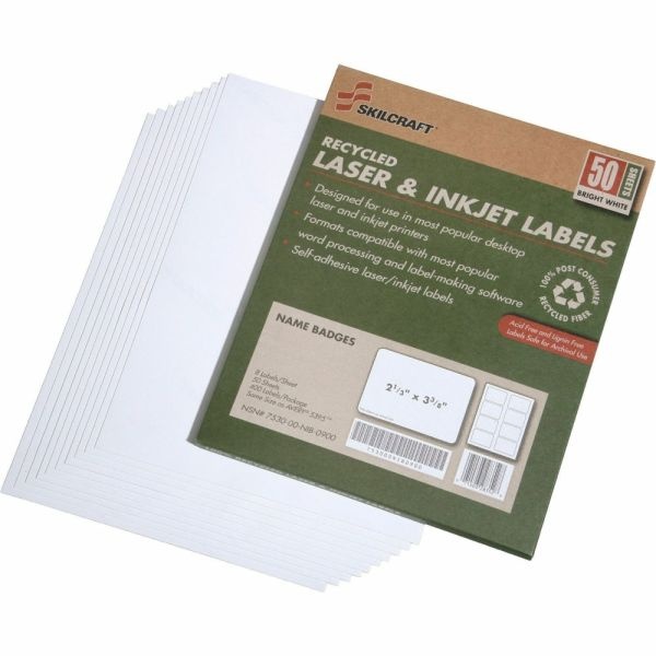 Skilcraft Laser/Inkjet Name Badge Labels, 2 1/3" X 3 3/8", White, Pack Of 50 (Abilityone 7530-01-578-9299)