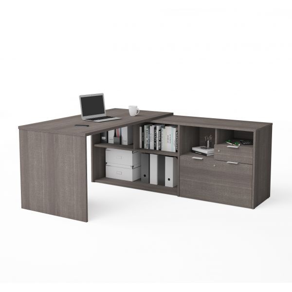 Bestar I3 Plus L-Desk With Two Drawers In Bark Gray