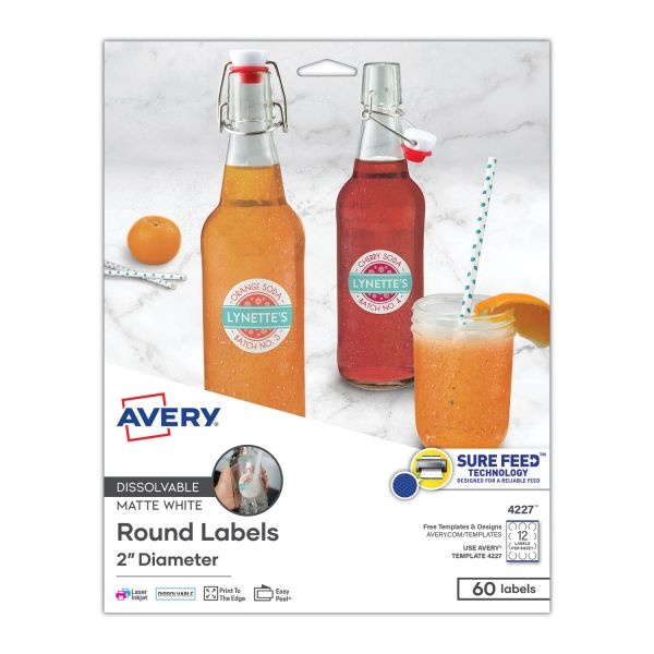 Avery White Dissolvable Labels W/ Sure Feed, 2" Dia, White, 60/Pk,