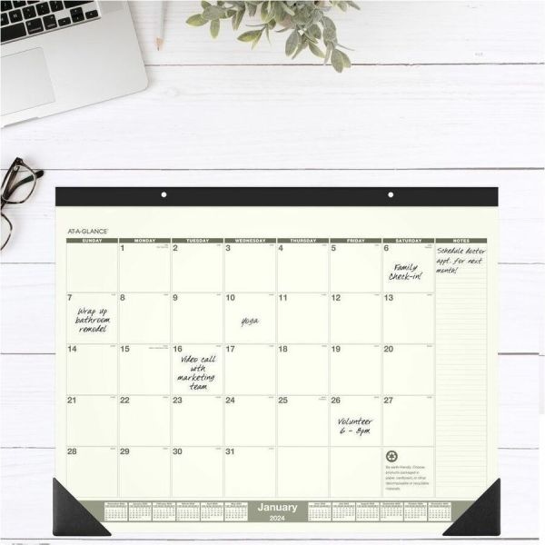 At-A-Glance Recycled Monthly Desk Pad, 22 X 17, Sand/Green Sheets, Black Binding, Black Corners, 12-Month (Jan To Dec): 2024