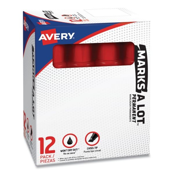 Avery Mark A Lot Jumbo Desk-Style Permanent Marker, Chisel Tip, Red, 12/Pack