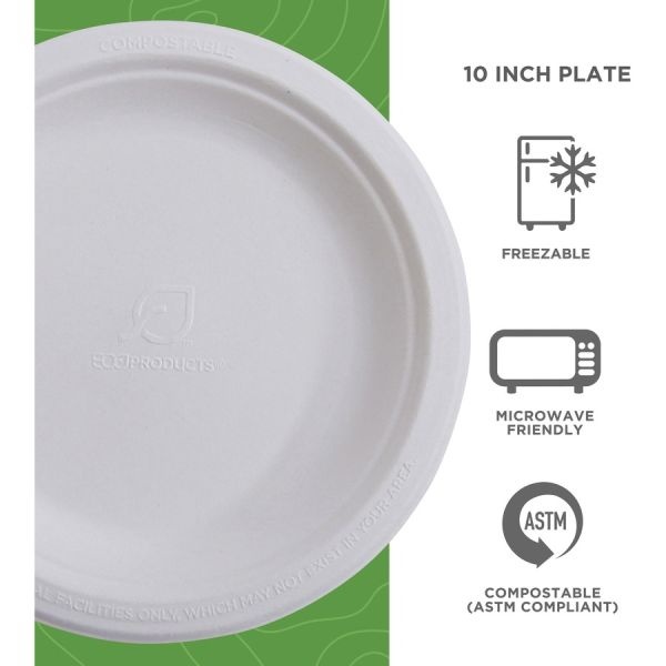 Eco-Products Vanguard Renewable And Sugarcane Plates, 10" Dia, White, 500/Carton