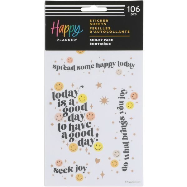 Happy Planner Smiley Face Stickers, 9-1/8" X 4-3/4", Assorted Colors, Pack Of 106 Stickers