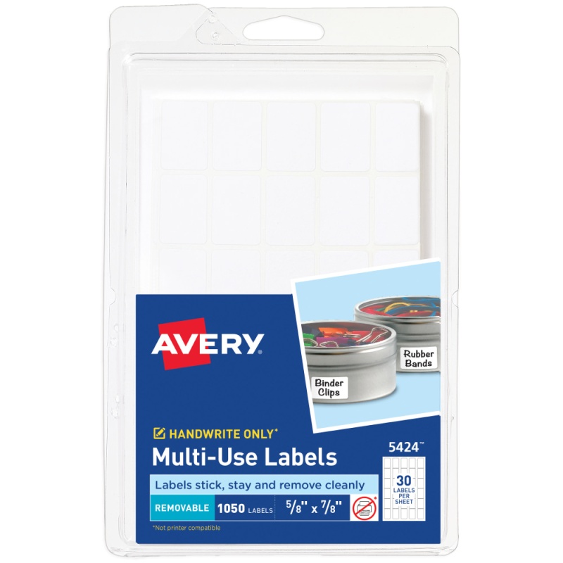 Avery Removable Labels, Non-Printable, 5424, Rectangle, 5/8" x 7/8", White, Pack Of 1,050 Small Stickers