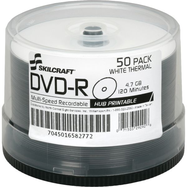 Skilcraft Laser Printable Dvd-R Recordable Media With Spindle, 4.70 Gb, 120 Minutes, Pack Of 50 Pack
