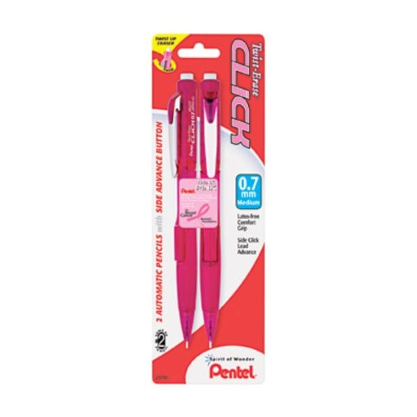 Pentel Twist-Erase Pink Click Mechanical Pencils, #2 Lead, 0.7 Mm, Refillable, Pink Barrel, Pack Of 2