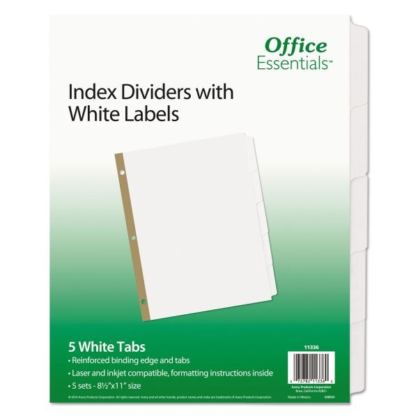 Office Essentials Index Dividers W/White Labels, 5-Tab, White Tab, Letter, 5 Sets