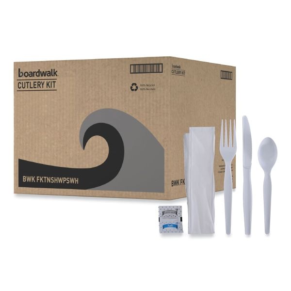 Boardwalk Six-Piece Cutlery Kit, Condiment/Fork/Knife/Napkin/Spoon, Heavyweight, White, 250/Carton