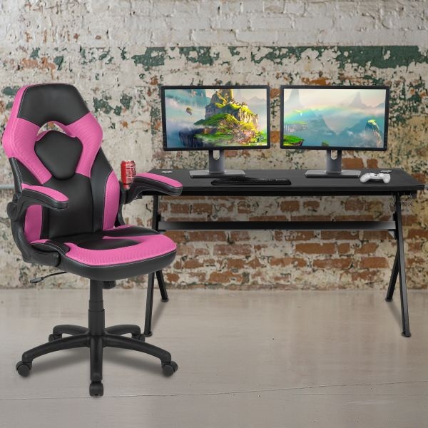 Optis Gaming Desk And Pink/Black Racing Chair Set /Cup Holder/Headphone Hook/Removable Mouse Pad Top - 2 Wire Management Holes