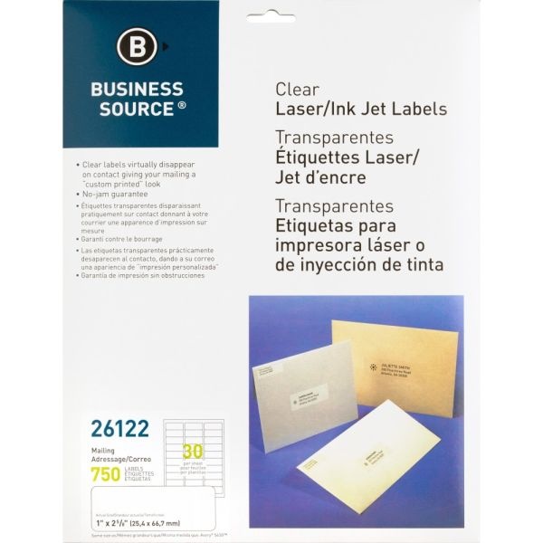 Business Source Mailing Address Labels - 1" Width X 2 3/4" Length - Permanent Adhesive - Rectangle - Laser - Clear - 30 / Sheet - 750 / Pack - Self-Adhesive