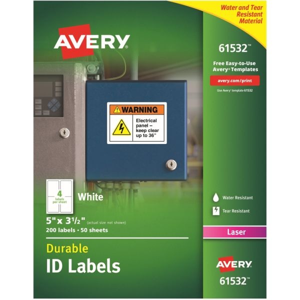 Avery Durable Id Labels With Trueblock Technology, 61532, 5" X 3 1/2", White, Pack Of 200
