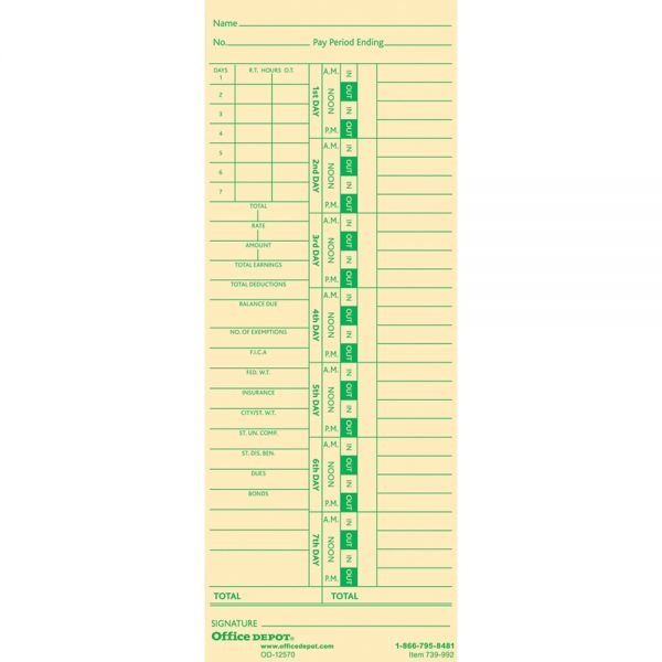 Time Cards With Deductions, Weekly, Days 1–7, 2-Sided, 3 3/8" X 8 7/8", Manila, Pack Of 100