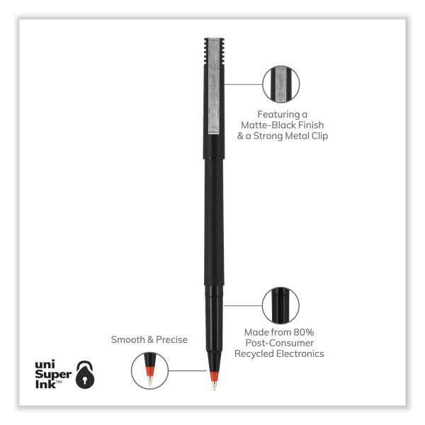 Uniball Roller Ball Pen, Stick, Extra-Fine 0.5 Mm, Red Ink, Black/Red Barrel, Dozen