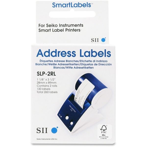 Seiko Slp-2Rl Self-Adhesive Address Labels, 1.12" X 3.5", White, 130 Labels/Roll, 2 Rolls/Box